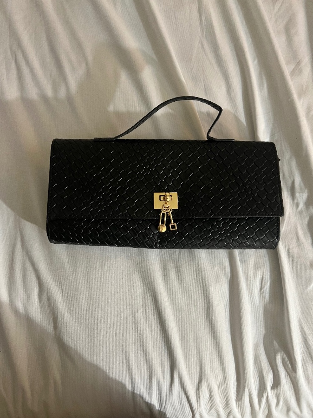 MissPap Black Woven Faux Leather Clutch Crossbody Bag Gold Lock Detail